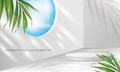vector illustration white color cylinder podium and palm leaves on the 3D realistic room,blue sky behind the room,use for cosmetic and presentation background template.