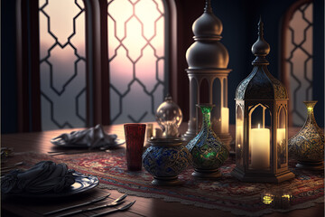 illustration of Muslim Holy Month Ramadan Kareem Arabic Lantern with bokeh, Neon light and lantern displayed on stages with glowing light in the evening. Wallpaper and banner background. Generative Ai