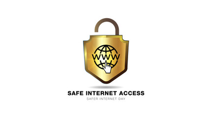 Safe internet access concept for Safer internet day. International Safer internet day text with Web globe shield and locke safety icons.