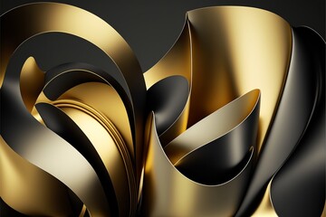 Kurvenreiche Formen in Gold und Schwarz, abstrakte Kunst, ai generativ
