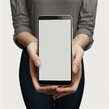 woman holding a mobile phone in her hand's phone display is empty, Generative AI	
