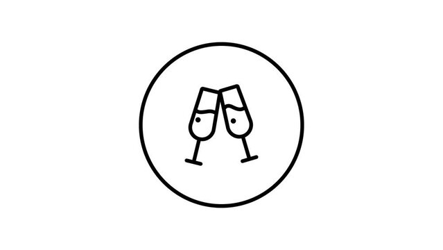 Celebration cheers with two glasses of sparkling champagne, black and white line icon vector illustration in a circle video animation, self drawing