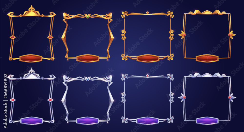 Poster empty square silver and gold rank frames in medieval style for game ui design. vector cartoon set of