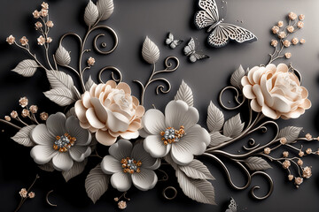 Jewelry flowers with silver branches. Generative AI