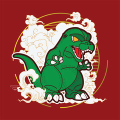 dino illustration with japanese style for kaijune event, notebook, logo