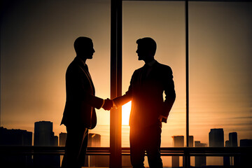 Silhouette of business people making a deal with dramatic sunset cityscape background, generative art