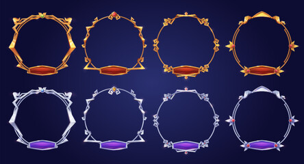Empty circle silver and gold rank frames in medieval style for game ui design. Vector cartoon set of user interface elements, metal border with gems and red, purple buttons isolated on background