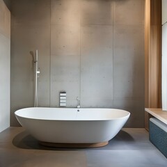 Minimalist bathroom with a large freestanding tub and a walk-in shower2, Generative AI