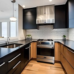 Minimalist kitchen with stainless steel appliances and black countertops1, Generative AI