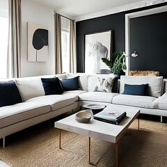 Minimalist living room with a white sectional and a black accent wall3, Generative AI