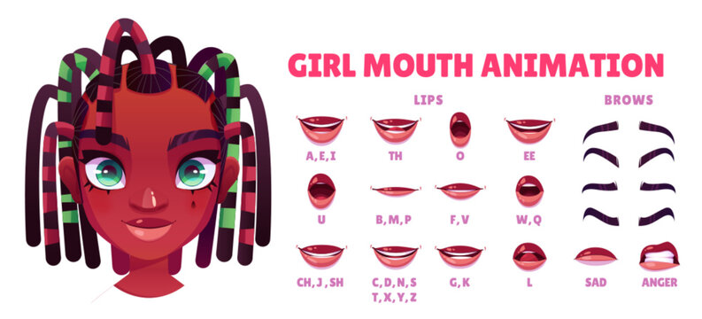 African American girl mouth animation set isolated on white background. Lip sync collection. Vector cartoon illustration of female teen face elements with different emotions, sound pronunciation
