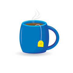 Obraz premium Vector blue cup with black tea bag isolated on white background.