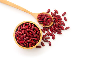 Red beans in wooden bowl with spoon isolated on white background , top view , flat lay.
