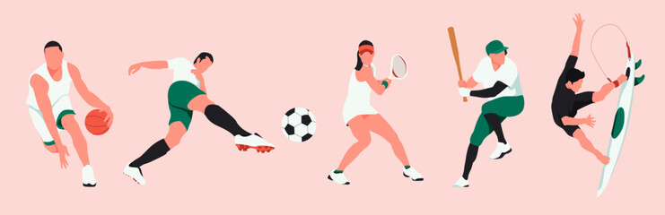 Set Sport Icons. Set Sports Professional Athletes Football, Surfing, Tennis, Basketball, Baseball
