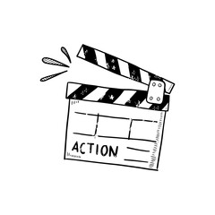 Movie clapperboard doodle icon. The board clap to start the video clip scene. - obrazy, fototapety, plakaty