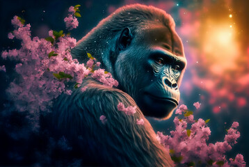 Gorilla in the forest surrounded by nature and flowers. An endangered species, generative ai
