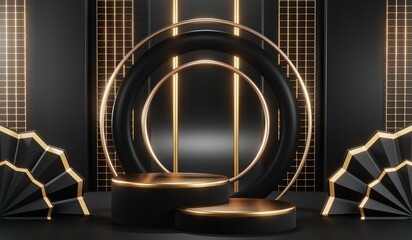 3D rendering of black and gold mockup background for black friday product on mockup