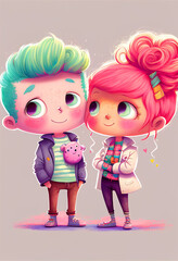 Obraz na płótnie Canvas sweet couple in love little kids cartoon character style postcard for valentine's day, generative AI