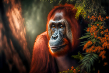 Fototapeta premium Orangutan in the forest surrounded by nature and flowers. An endangered species, generative ai