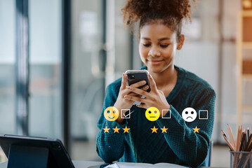 Customer service evaluation concept. Businesswoman pressing face smile emoticon show on virtual...