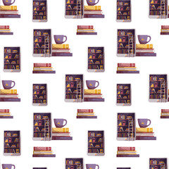 Seamless pattern with books, e-book reader, cup of tea. Bookstore, bookshop, library, book lover, bibliophile, education concept. Vector illustration.