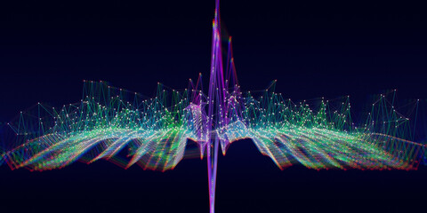 Abstract background contain wireframe graph in chaotic noise defocus on dark. Big Data. Technology polygonal concept in web virtual space. Banner for business, science and technology data analytics .