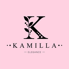 Logo, capital letter k. Monogram of Botanical Minimalistic with natural plant.