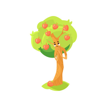 Happy tree cartoon character with apples vector illustration. Emoticon with cute comic plant with face, branches and leaves smiling in garden or forest on white background. Environment, nature concept