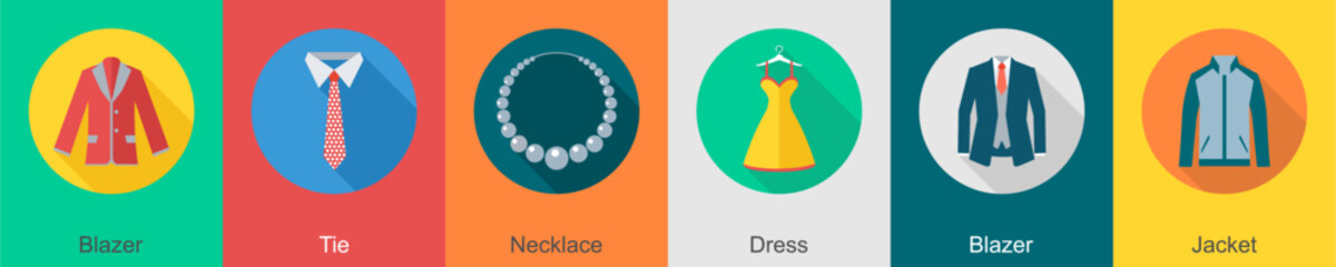 A set of 6 Clothes icons as blazer, tie, necklace