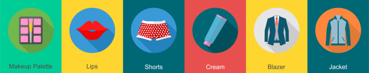 A set of 6 Clothes icons as makeup palette, lips, shorts 