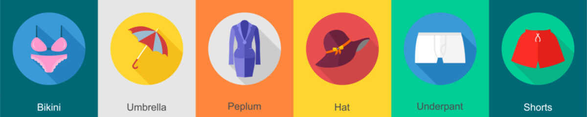 A set of 6 Clothes icons as bikini, umbrella, peplum