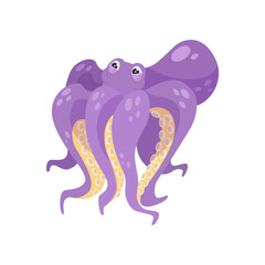 Purple comic octopus vector illustration. Underwater animal cartoon character with tentacles, sea or ocean creature isolated on white background. Wildlife, nature concept