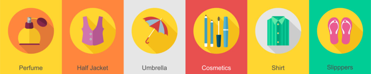 A set of 6 Clothes icons as perfume, half jacket, umbrella
