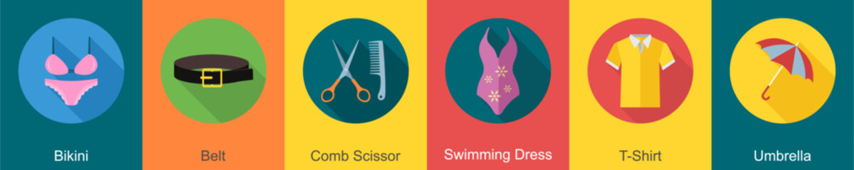 A set of 6 Clothes icons as bikini, belt, comb scissor