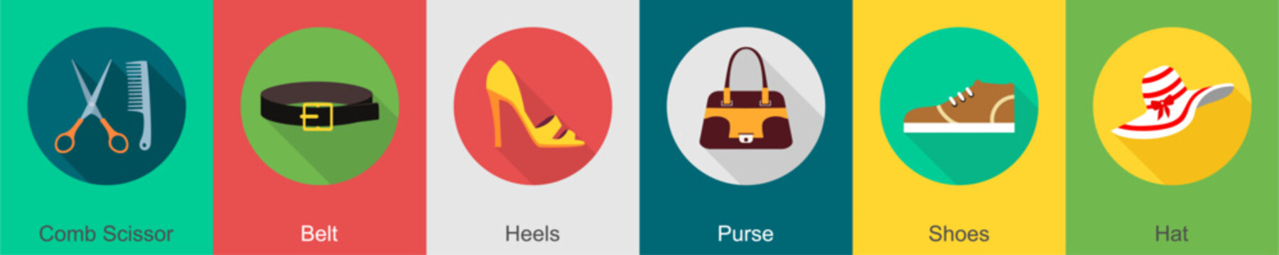 A set of 6 Clothes icons as comb scissor, belt, heels