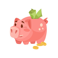 Happy comic piggy bank with money vector illustration. Piggybank cartoon character with money inside on white background. Banking, finances, debt concept