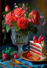 Obraz na płótnie Canvas Cake, roses and heart to celebrate Valentine's Day. Generative Ai
