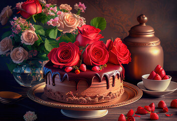 Obraz na płótnie Canvas Cake, roses and heart to celebrate Valentine's Day. Generative Ai