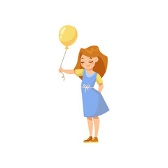 Happy cartoon girl in blue dress with balloon vector illustration. Drawing of funny kid holding balloon, birthday party isolated on white background. Celebration, childhood concept