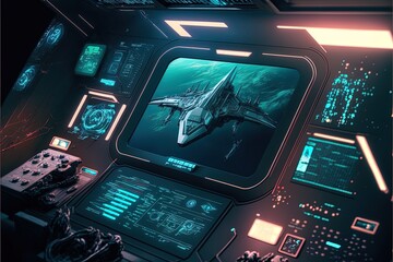 Futuristic navigation system, AR space, floating in the space, flat design, information graphic. Sci-fi space exploration concept. Inside view of the sci-fi cabin of the pilot Generative AI.