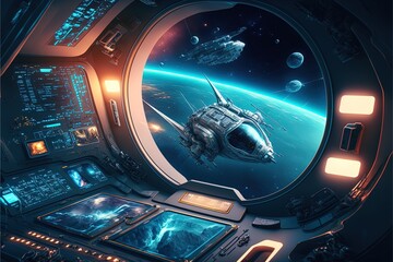 Futuristic navigation system, AR space, floating in the space, flat design, information graphic. Sci-fi space exploration concept. Inside view of the sci-fi cabin of the pilot Generative AI.