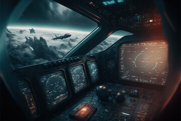 Futuristic navigation system, AR space, floating in the space, flat design, information graphic. Sci-fi space exploration concept. Inside view of the sci-fi cabin of the pilot Generative AI.