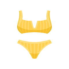 Female yellow swimwear vector illustration. Design of bikini and swimsuit for women, swim suit for beach on white background. Summer, fashion concept