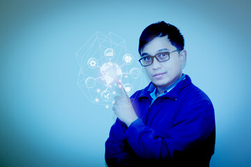 Business man presenting or introducing holographic technology and finance, stock business, new future concept.
