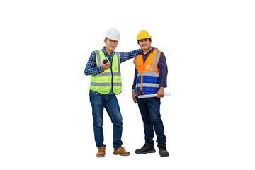 Engineer and foreman worker checking project at building site, Engineer and builders in hardhats...