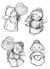 Drawing of angels. A graphic sketch of the characters. Angels with sweets and hearts. Template to create. Religious family holiday of lovers. Valentine's day