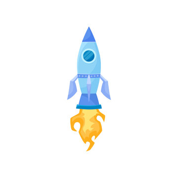 Flying spaceship vector illustration. Launching rocket as symbol of good business isolated on white background. Startup, business failure concept