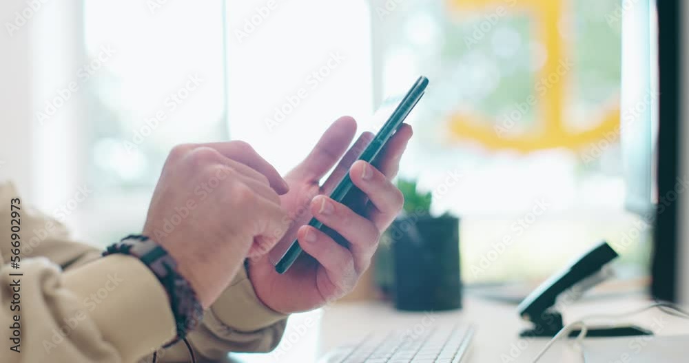 Poster Smartphone in man hands, scroll social media with communication and technology, internet and connectivity. Email, chat and online search, network and check notification with mobile phone and app