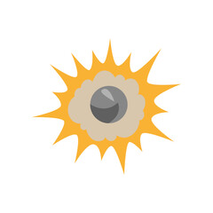 Explosion and smoke with bullet front view illustration. Cartoon drawing of bullet blast, fire after gun bullet burst on white background. War, armament concept