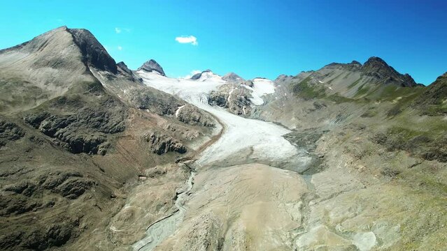 Aerial drone view of Gries Glacier melting ice. Swiss Alps climate change, global warming effects. Griessee mountain lake near Nufenen Pass, Switzerland in summer. 